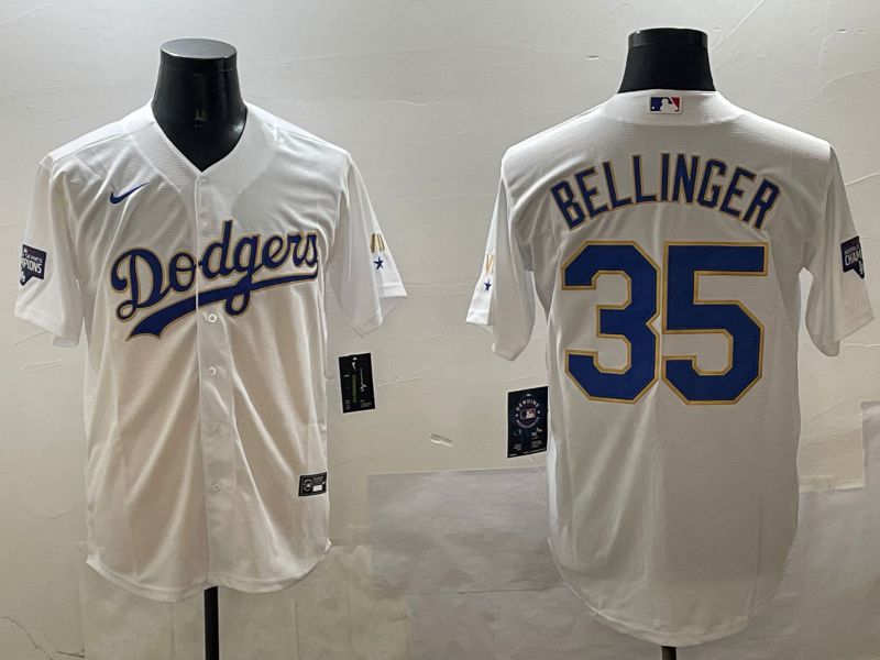 Men Los Angeles Dodgers 35 Bellinger White Gold Game 2025 Nike MLB Jersey style 5